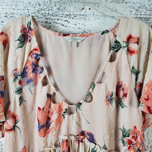 Lucky Brand Women Gauzy Peplum Babydoll Floral Boho Cut Out Size Small - Picture 2 of 10
